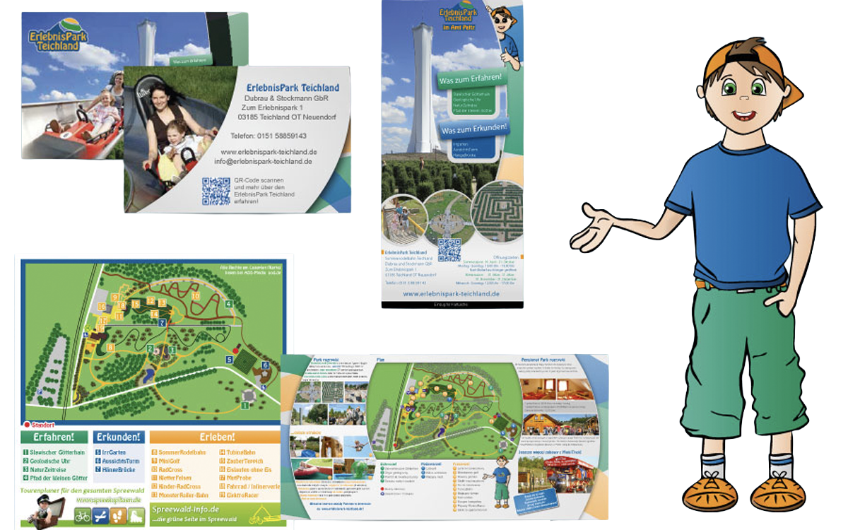 Maskottchen, Parkplan, Flyer und Rollups für den Erlebnispark Teichland