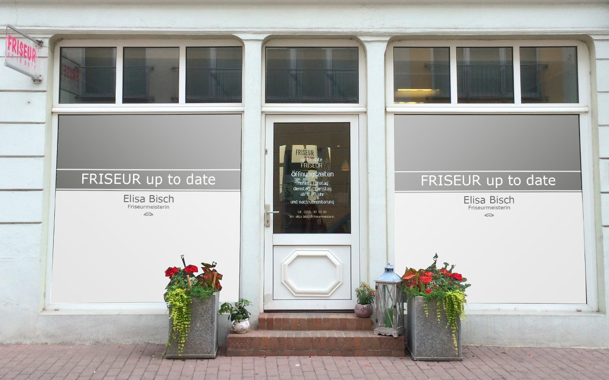 Logo, Bestellkarte und Fensterfolierung für den Friseursalon up to date – Bild 2