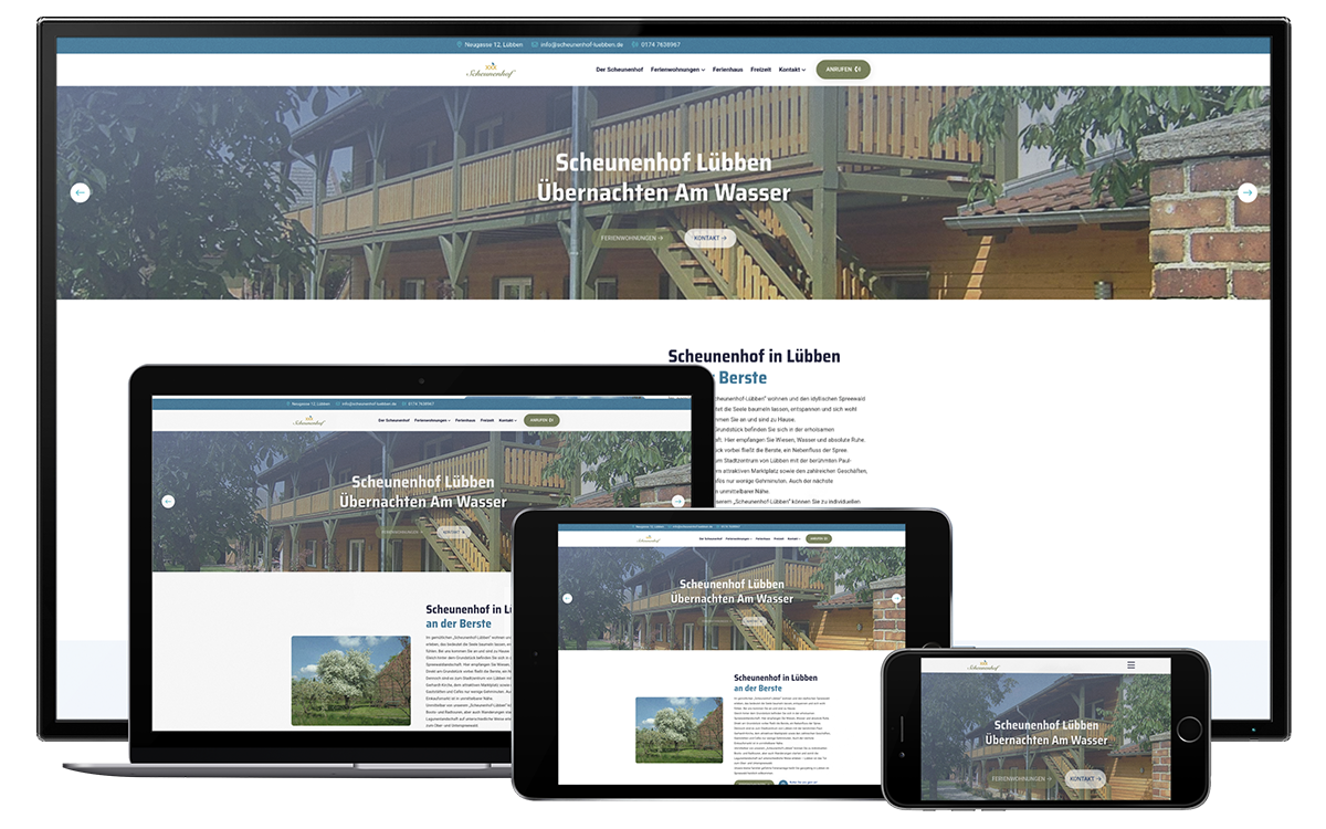 Website des Scheunenhofs Lübben mit Übersicht der Ferienwohnungen