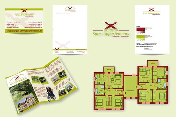 Logodesign, Grafikdesign, Grundrisszeichnungen, Außenwerbung für Burger Spree-Appartements