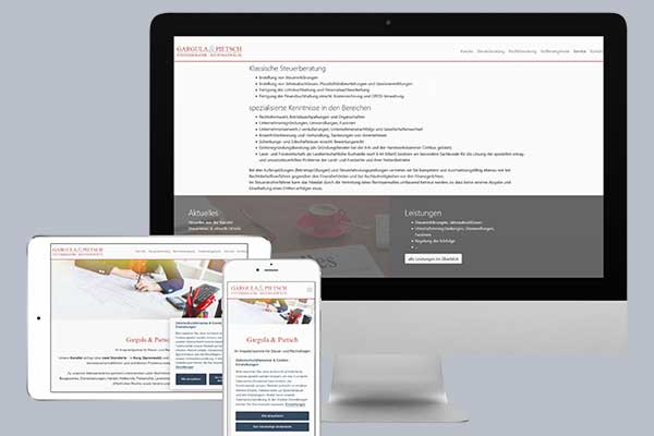 Webdesign, Grafikdesign, Außenwerbung für Kanzlei Gargula und Pietsch